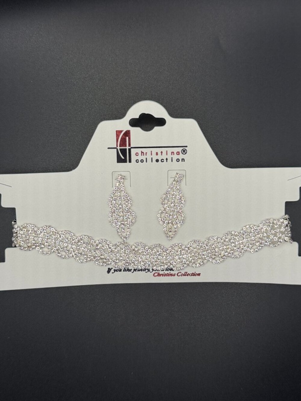 Christina Collection Silver Tone Rhinestone Choker Necklace & Earrings Bridal Je